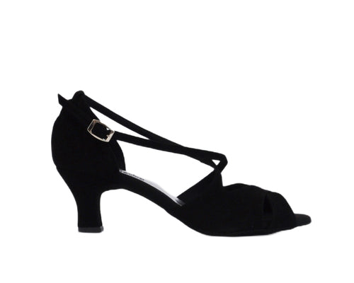 Schwarze Wildleder 736/486 Tanzschuhe von Dancing Queens mit Fesselriemchen & Peep Toe, ideal für Bachata, Seitenansicht auf Weiß.